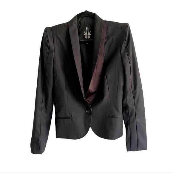 BOLONGARO TREVOR Pinstripe Cropped Blazer Navy Blue M - Picture 3 of 8